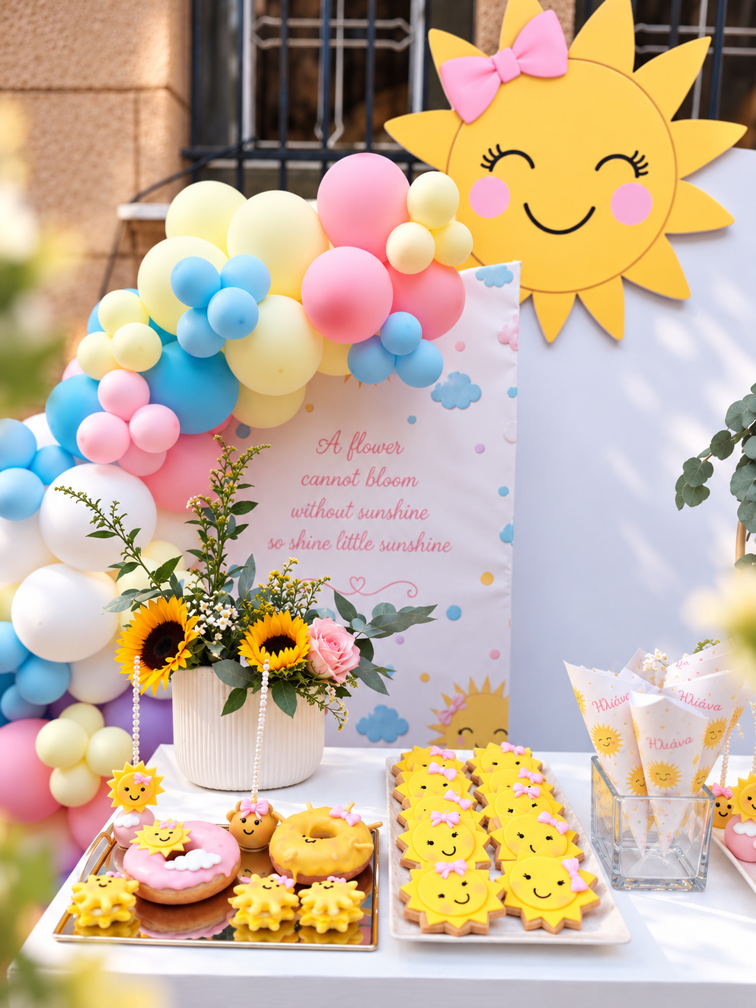 Τραπέζι με γλυκά μπαλόνια και θέμα ήλιος για την Ηλιανα μας 