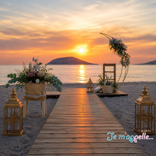 Boho beach wedding decoration at sunset with wooden aisle, floral arches and lanterns in Athens, Greece.